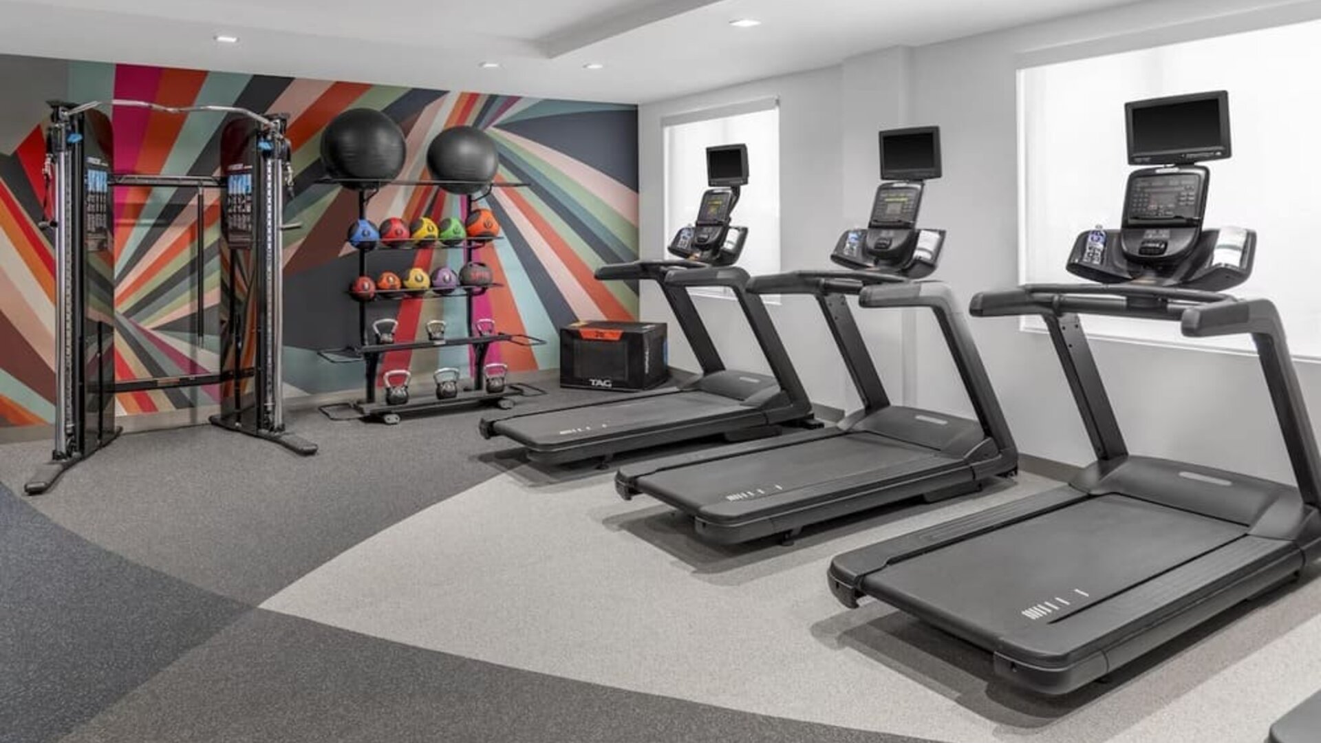 Fitness center at Hilton Garden Inn Queens/JFK Airport with treadmills, weights, and colorful mural wall.