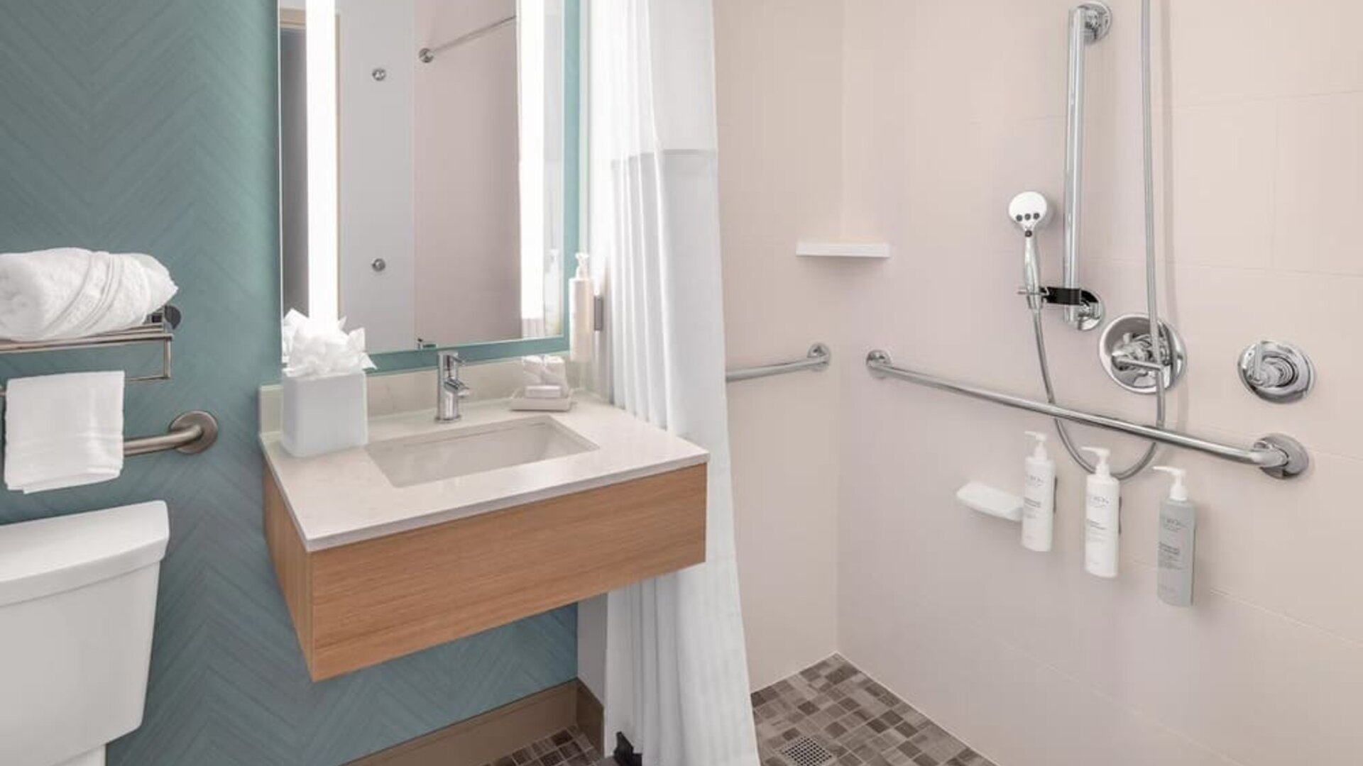 Accessible bathroom at Hilton Garden Inn Queens/JFK Airport with roll-in shower, grab bars, sink, and tiled floor.