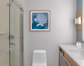 Bathroom at Hilton Garden Inn Queens/JFK Airport with glass shower, vanity, mirror, and blue accent wall.
