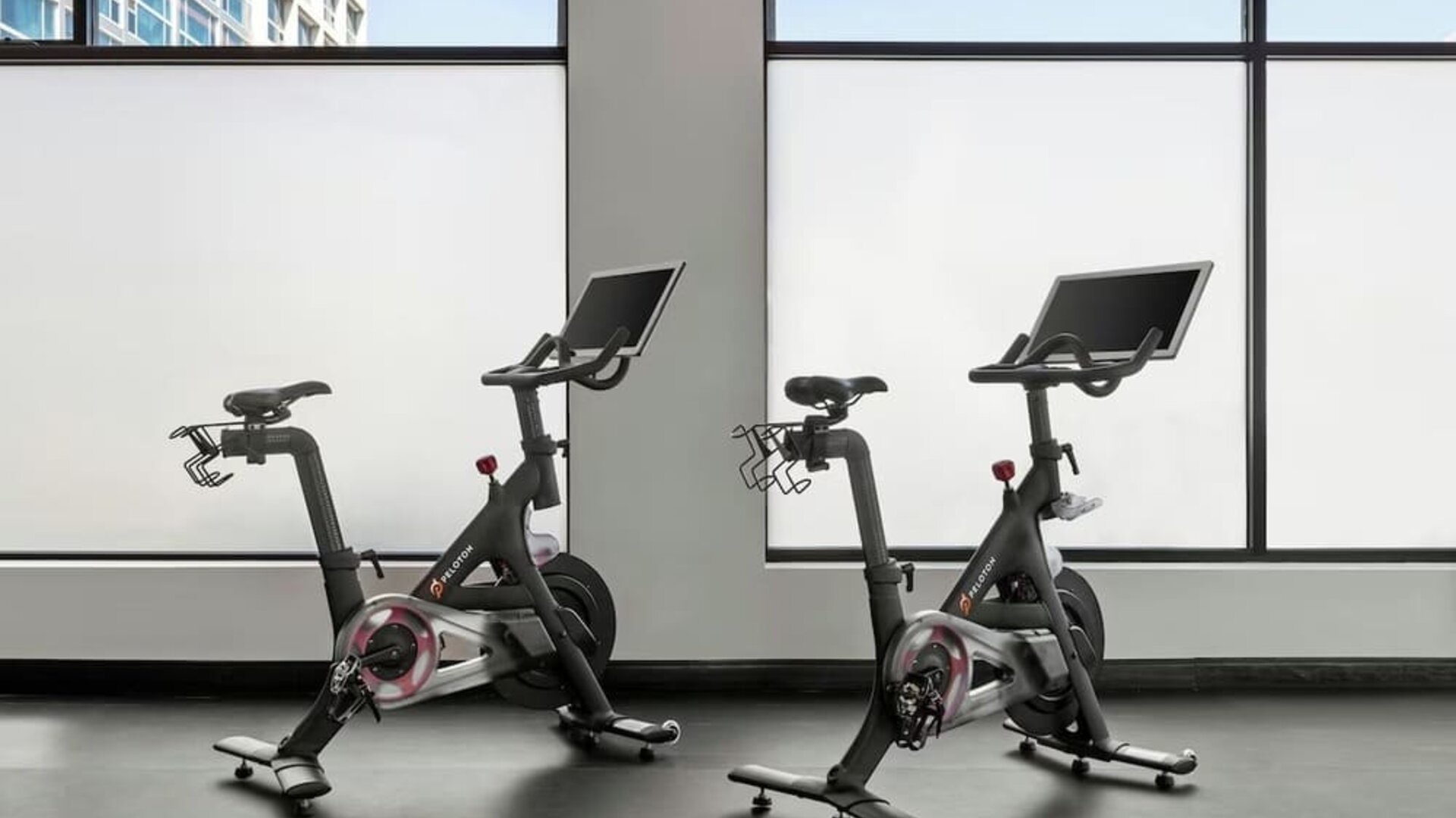 Two stationary bikes facing large windows in fitness area at Renaissance Newark Airport Hotel with city view.