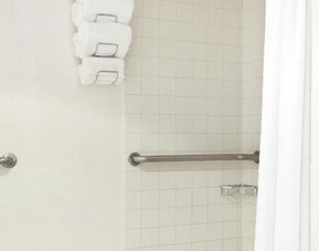 Bathroom with tiled walk-in shower, grab bar, mounted towels, and curtain at Renaissance Newark Airport Hotel.