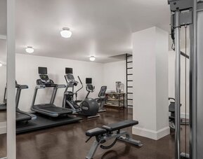 Fitness room with treadmills, weight bench, exercise ball, and mirrored wall at Kimpton Palladian Hotel.