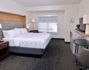 Spacious room with work desk, chair, TV stand, and modern lighting at Holiday Inn & Suites Farmington Hills - Detroit NW By IHG.