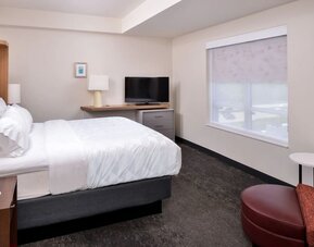 Guest room with large bed, TV, desk area, and window seating at Holiday Inn & Suites Farmington Hills - Detroit NW By IHG.