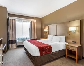 King bedroom with bedside tables, lamps, and window with curtains and air conditioning unit at Comfort Suites Bush Intercontinental Airport.