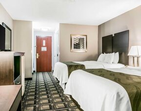 Double room with two beds, bedside table, lamp, and patterned carpet leading to entry door at Suburban Studios Mason Hwy-42.