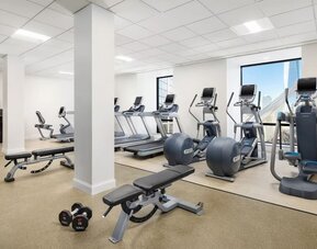 Fitness center with treadmills, ellipticals, weights, and large windows for natural light at M Social New York Downtown.