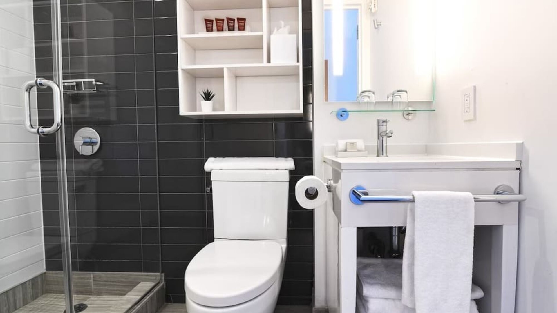 Bathroom with walk-in shower, sink, mirror, and shelving at Edge Hotel NYC.