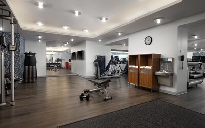 Fitness center with cardio machines, weights, and workout equipment at Le Méridien New York, Central Park.