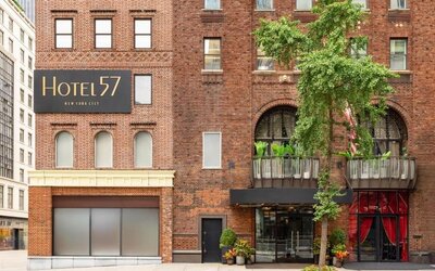 Hotel exterior with entrance signage at Hotel 57.
