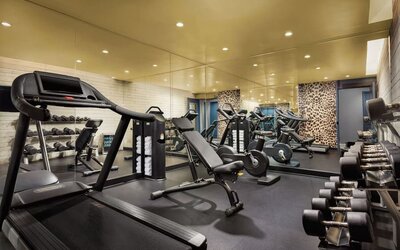 Gym with cardio machines, free weights, and modern equipment at Hotel Hendricks.