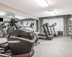Fitness center with cardio machines, free weights, and mirrored wall at Wyndham Garden Williamsburg Busch Gardens Area.