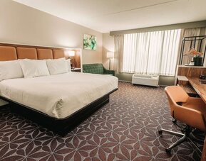 King room with large bed, work desk, and contemporary furnishings at Wyndham Garden Williamsburg Busch Gardens Area.