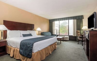 Guest room with natural light, large window, and comfortable seating area at Wyndham Garden Williamsburg Busch Gardens Area.