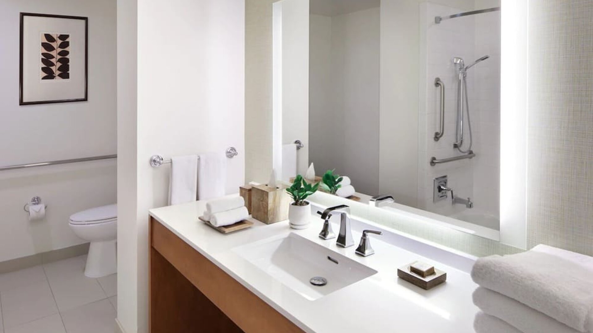 Accessible bathroom with wide vanity, grab bars, walk-in shower, and bright lighting at The Ambrose Hotel Santa Monica.