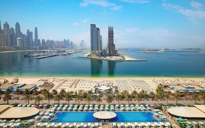 Elevated view of beach, marina, and high-rise skyline with rows of loungers and calm blue water