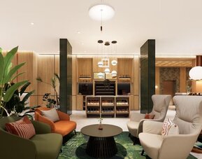 Lobby lounge with floor-to-ceiling windows, patterned seating area, fireplace, and wood ceiling