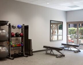 Bright fitness facility with benches, free weights, exercise balls, and outdoor-facing windows at Courtyard By Marriott Los Angeles LAX/Century Boulevard.