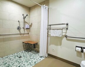 Accessible bathroom with roll-in shower, grab bars, fold-down bench, and tiled flooring at The Hills Inn Eagle Rock.
