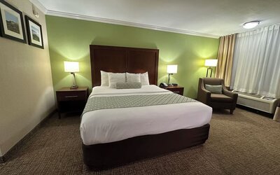 King bedroom with green accent wall, bedside lamps, armchair, and carpeted floors at The Hills Inn Eagle Rock.