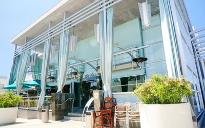Hotel entrance with floor-to-ceiling windows, outdoor seating, and decorative white drapes at Shade Hotel Manhattan Beach.