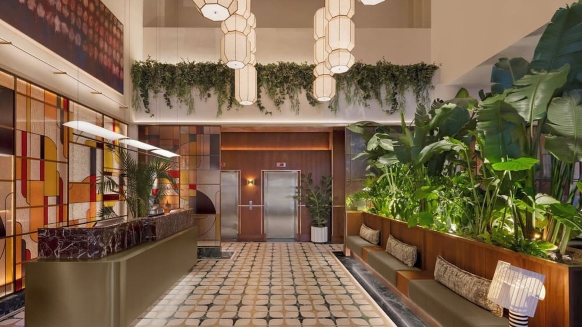 Reception and check-in area with artistic décor at Hyatt Union Square New York.