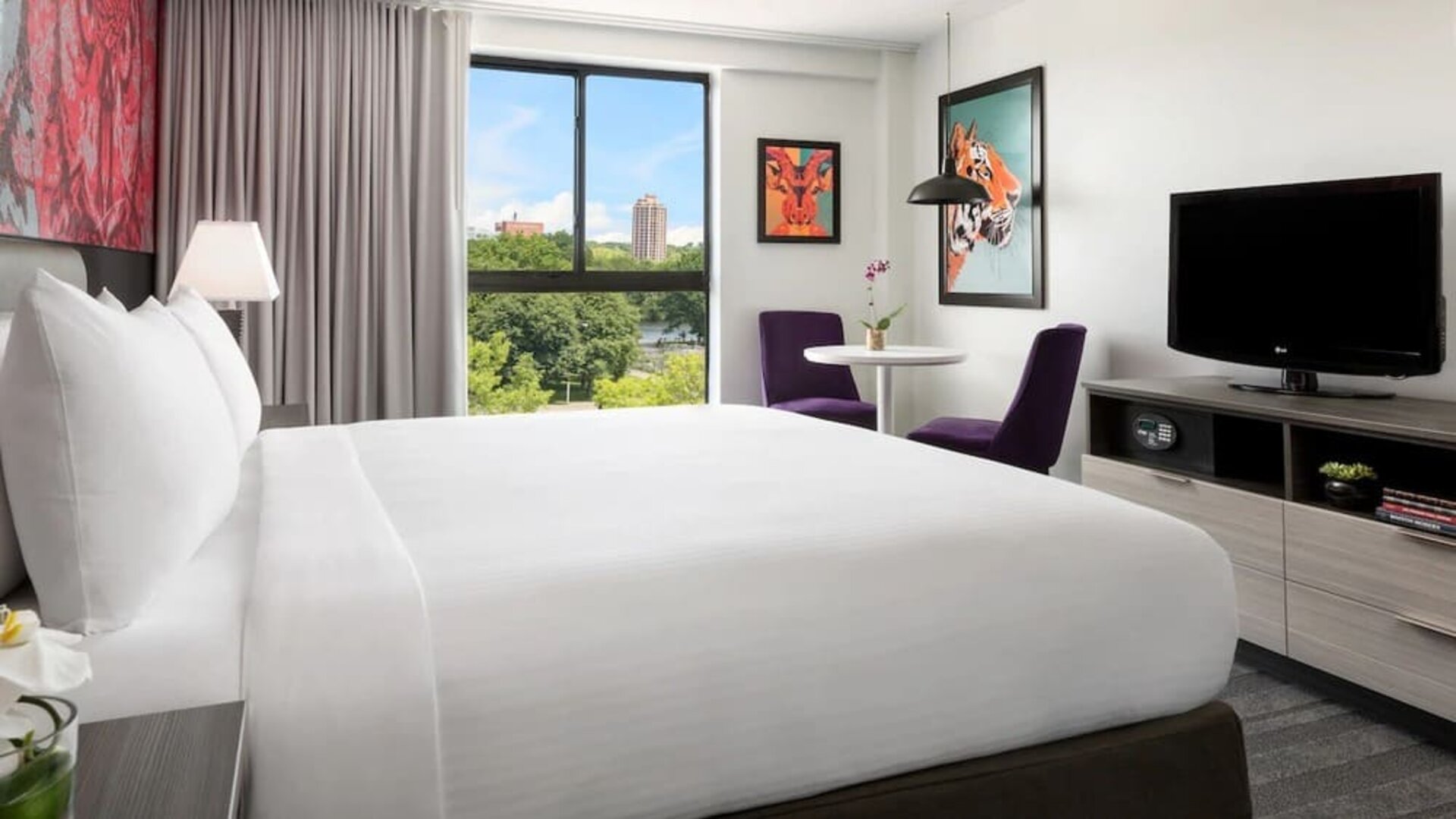 Modern king guest room with colorful artwork and park views at Hotel Studio Allston.