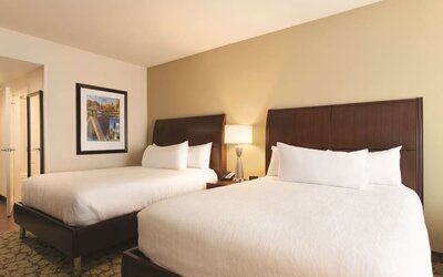 Room with two queen beds, bedside lighting, and framed wall art at Hilton Garden Inn Boston Logan Airport.