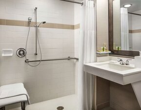 Accessible bathroom with roll-in shower, grab bars, shower seat, and vanity sink at Hilton Boston Logan Airport.