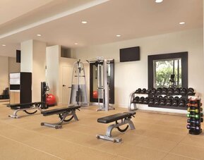 Fitness center with free weights, benches, cable machine, and mirrored workout area at Hilton Boston Logan Airport.
