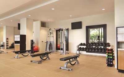 Fitness center with free weights, benches, cable machine, and mirrored workout area at Hilton Boston Logan Airport.