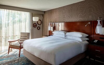 Spacious king guest room with plush bedding, floor-to-ceiling windows, and sophisticated décor at Boston Marriott Newton.