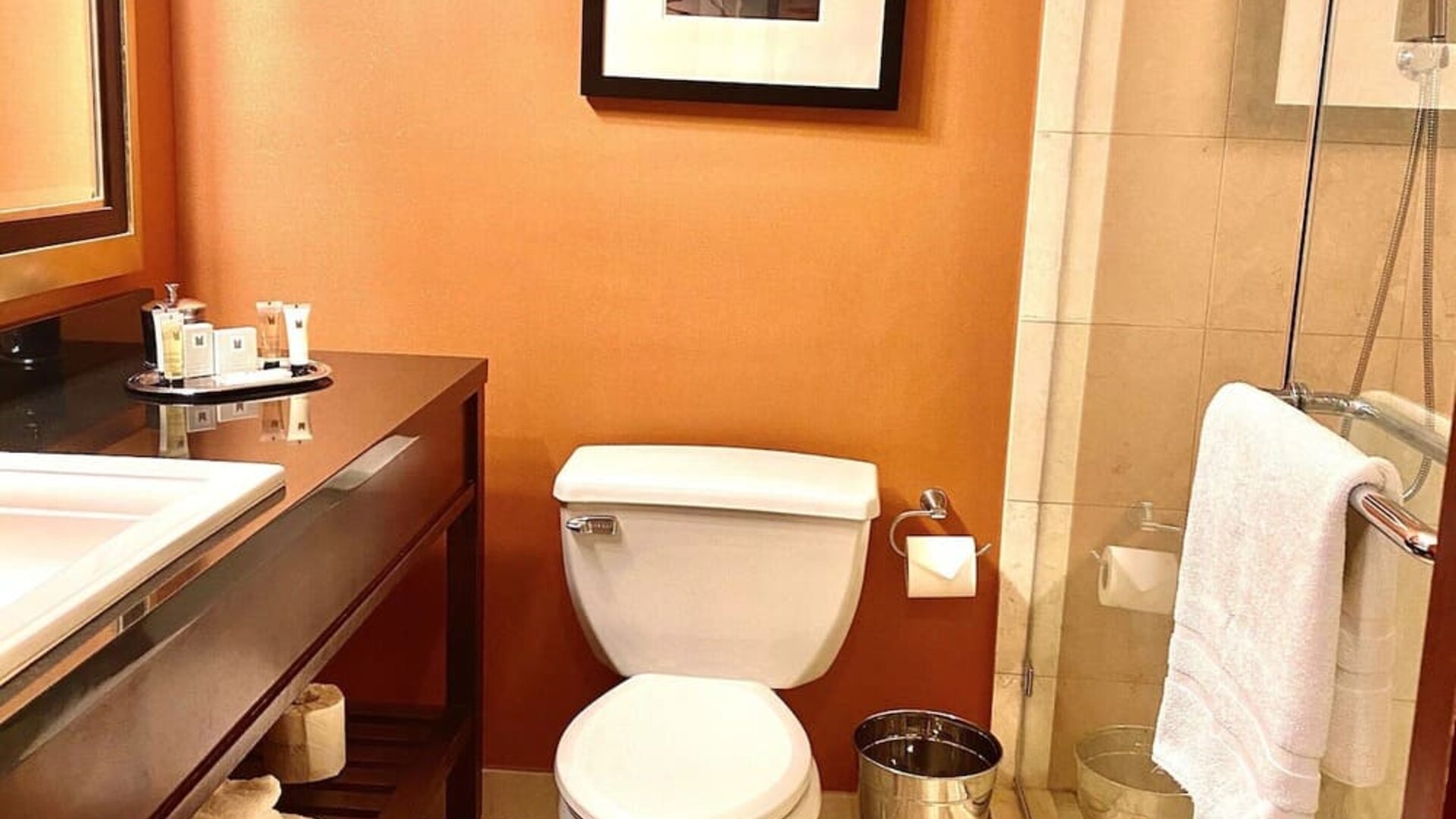 Modern guest bathroom with glass-enclosed shower, warm-toned décor, and contemporary amenities at The Bostonian Boston, A Millennium Hotel.