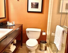 Modern guest bathroom with glass-enclosed shower, warm-toned décor, and contemporary amenities at The Bostonian Boston, A Millennium Hotel.