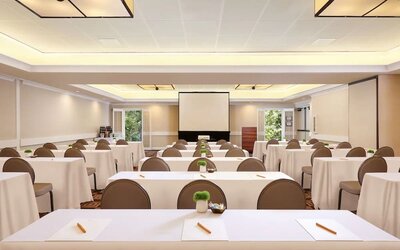 Flexible meeting and event space at The Garland arranged in classroom style for conferences, presentations, and business gatherings.