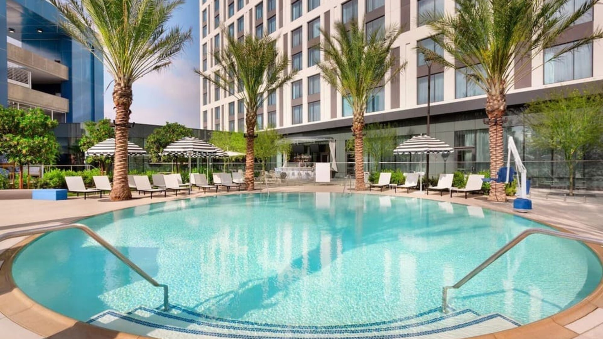 Resort-style pool area surrounded by palm trees, lounge chairs, and private seating areas, creating a relaxing outdoor retreat.