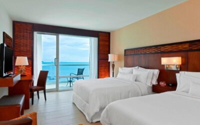 Deluxe Double Room with Ocean View, featuring two beds, a private bathroom with amenities, a safe, a desk, a telephone, ironing facilities, a tea/coffee maker, a hairdryer, a television, cable channels, and an alarm clock.